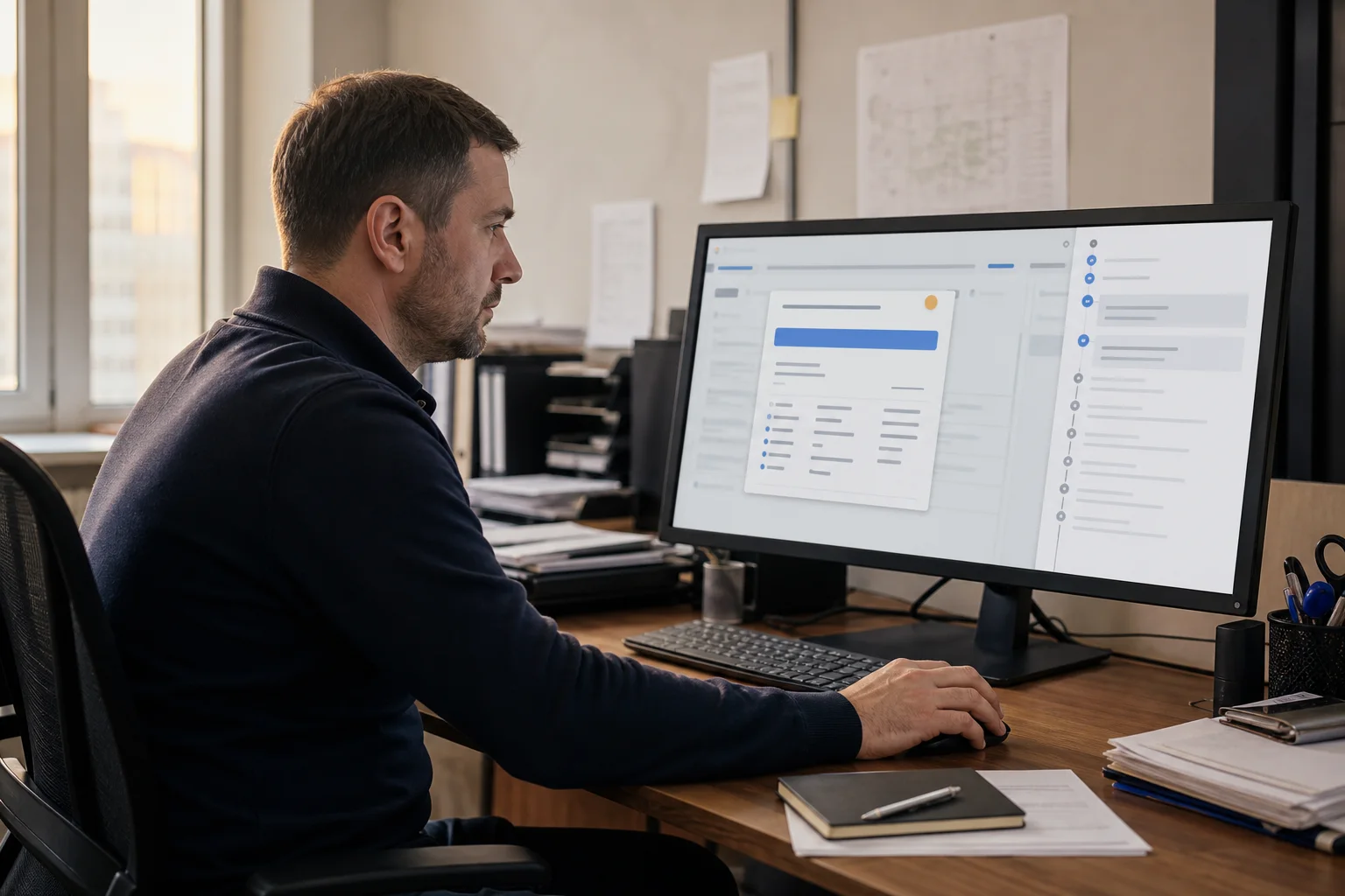 Сотрудник работает в CRM рядом с пошаговой инструкцией