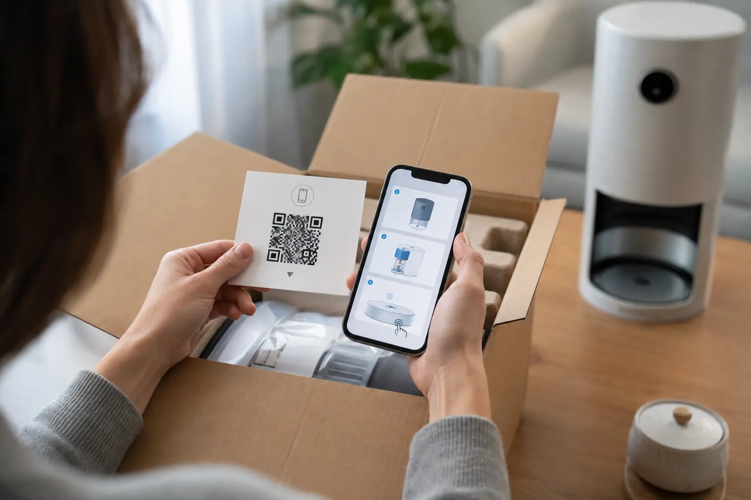 Покупатель сканирует QR-код из упаковки и открывает инструкцию к товару